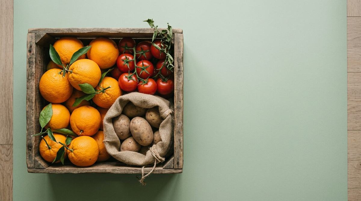 Un cajón de madera con naranjas, tomates en rama y un saco de patatas